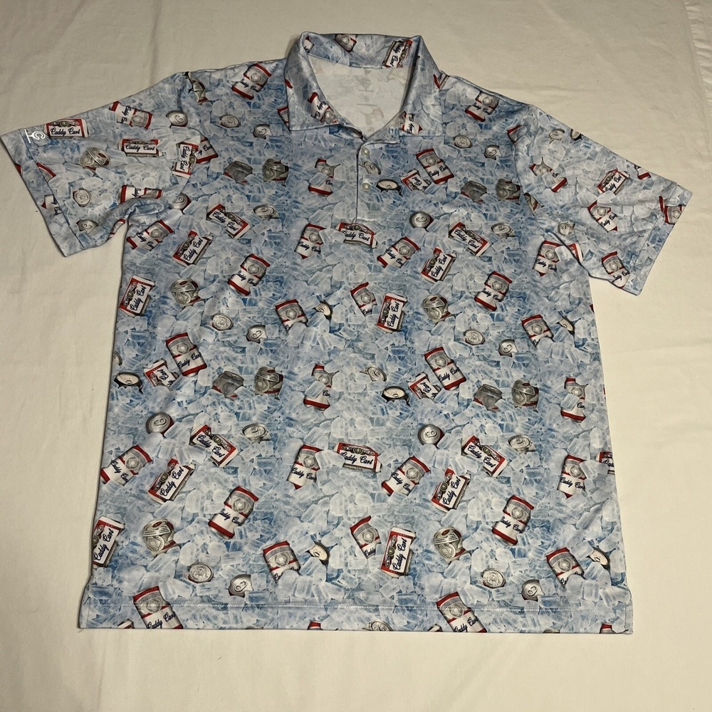 Caddy Cart Iced Beer Golf Polo Shirt Mens Large UPF 50+ Performance Stretch